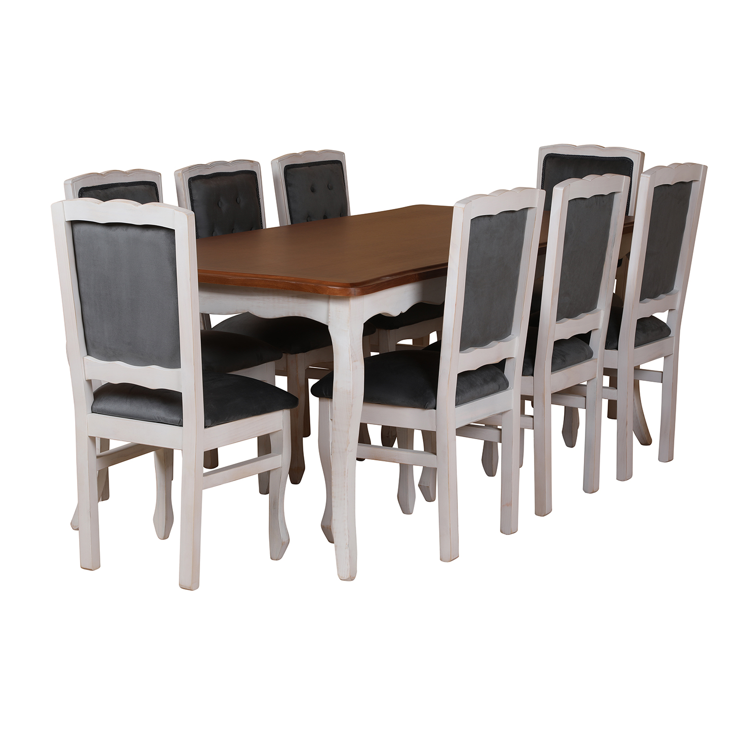 Comedor Normando 100×200 Blanco Invierno Cubierta Miel Respaldo Tapizado Gris