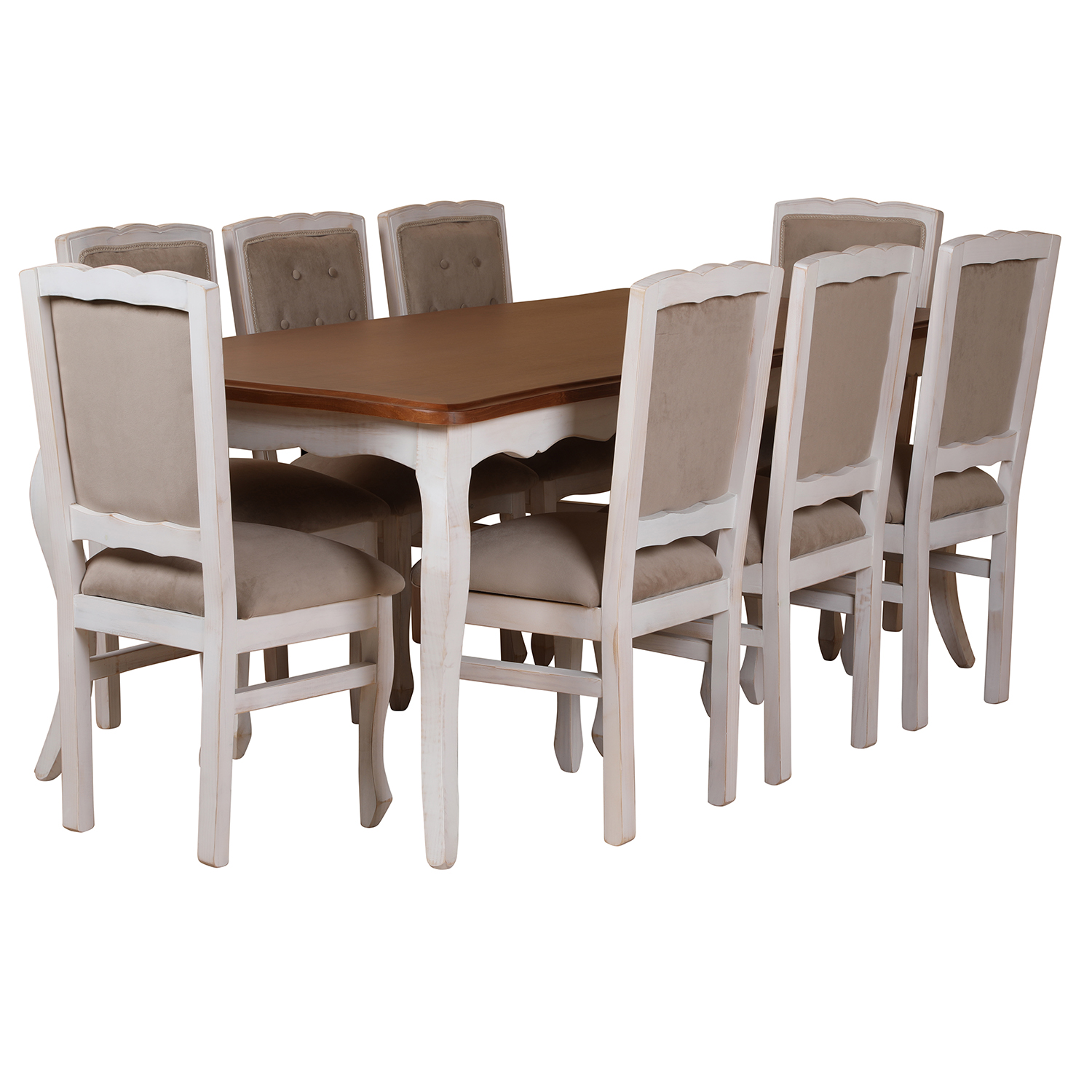 Comedor Normando 100×200 Blanco Invierno Cubierta Miel Respaldo Tapizado Beige