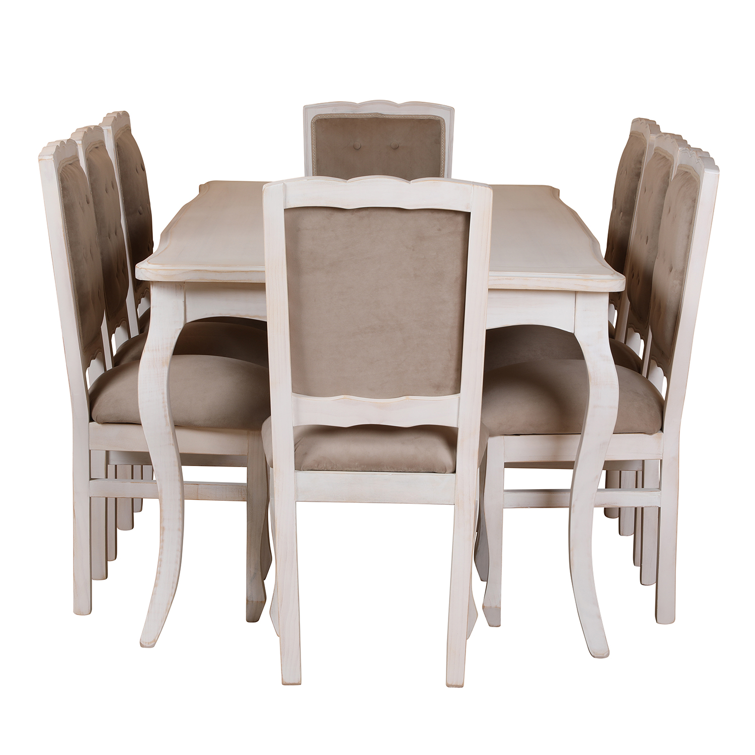 Comedor Normando 100×200 Blanco Invierno Respaldo Tapizado Beige