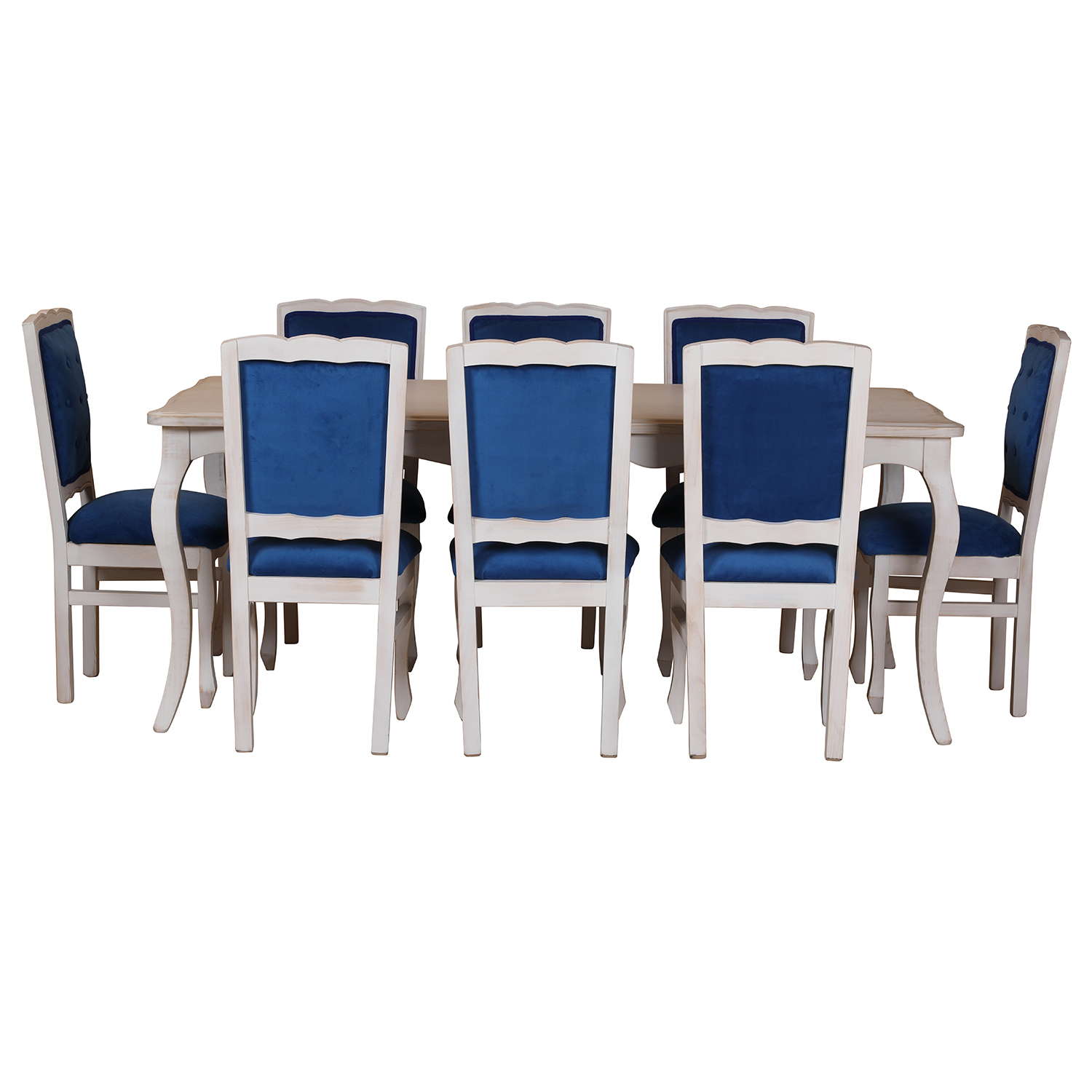 Comedor Normando 100×200 Blanco Envejecido Respaldo Tapizado Azul