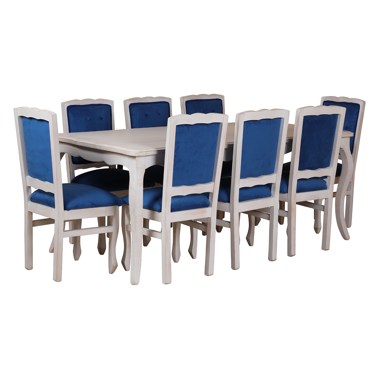 Comedor Normando 100×200 Blanco Envejecido Respaldo Tapizado Azul