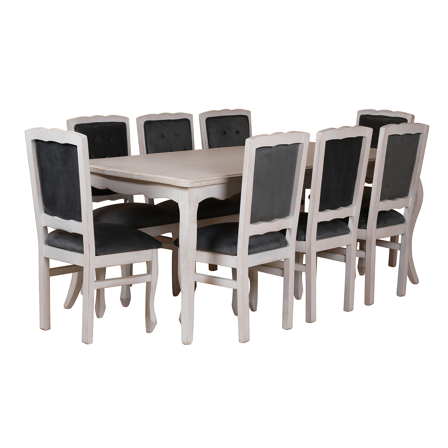 Comedor Normando 100×200 Blanco Envejecido Respaldo Tapizado Gris