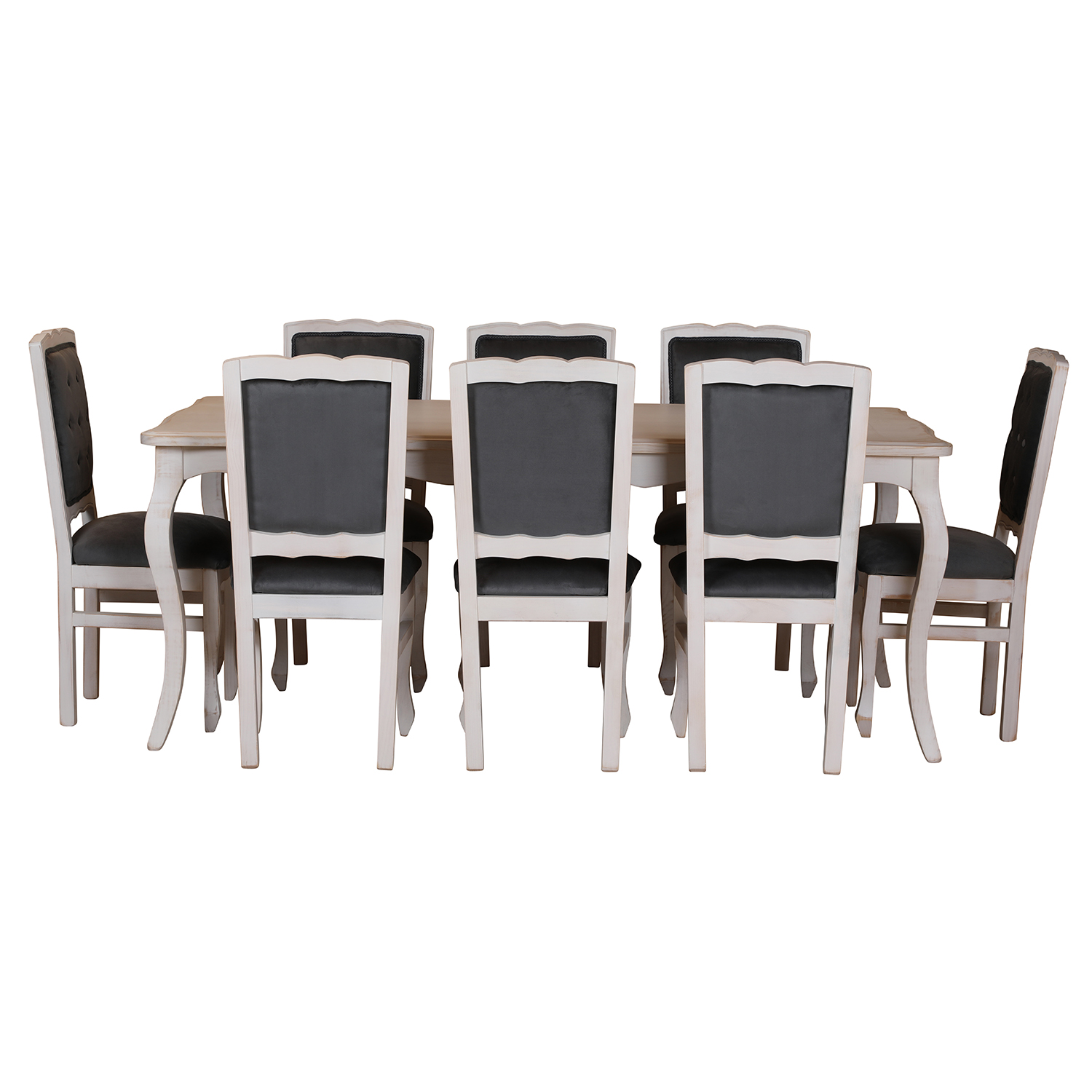 Comedor Normando 100×200 Blanco Envejecido Respaldo Tapizado Gris