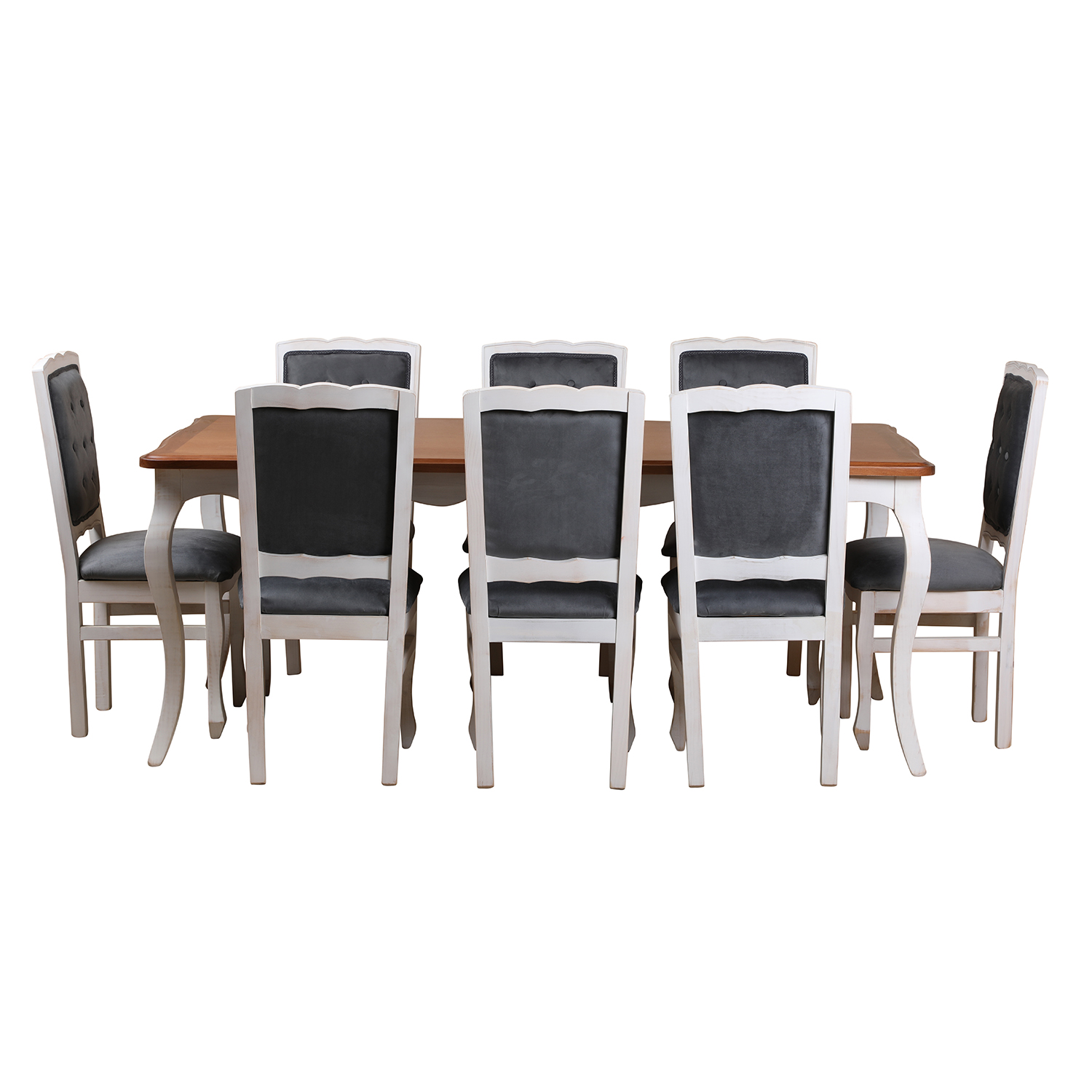 Comedor Normando 100×200 Blanco Invierno Cubierta Miel Respaldo Tapizado Gris