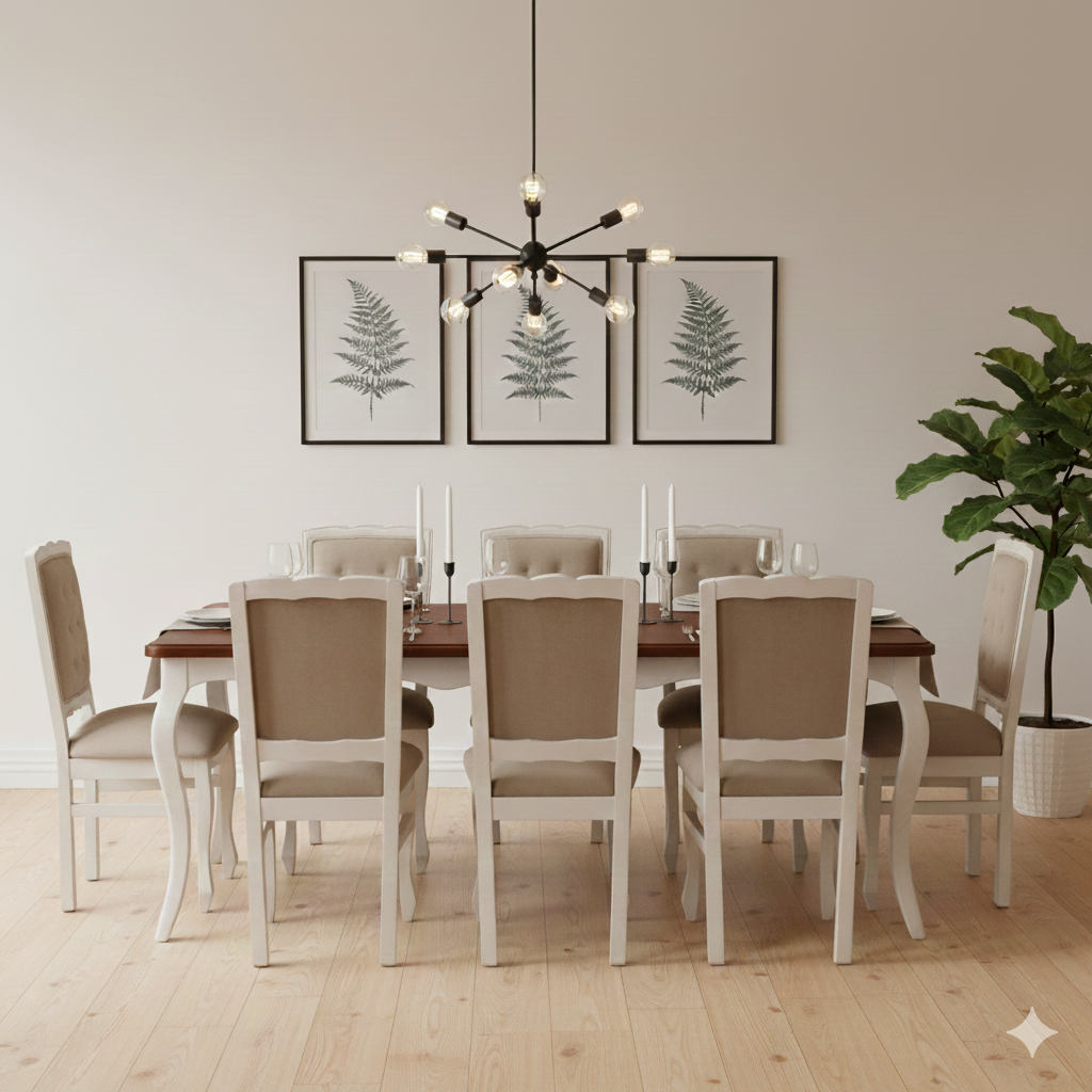 Comedor Normando 100×200 Blanco Invierno Cubierta Miel Respaldo Tapizado Beige