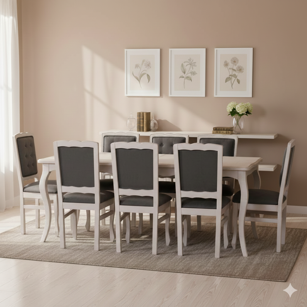 Comedor Normando 100×200 Blanco Envejecido Respaldo Tapizado Gris