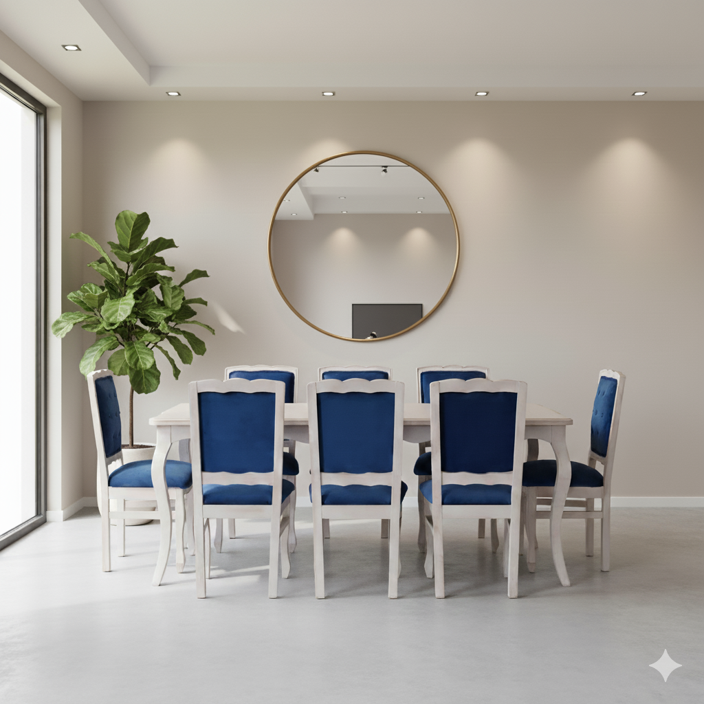 Comedor Normando 100×200 Blanco Envejecido Respaldo Tapizado Azul