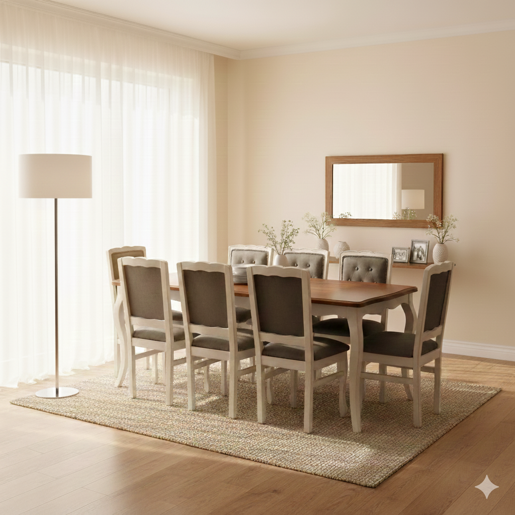 Comedor Normando 100×200 Blanco Invierno Cubierta Miel Respaldo Tapizado Gris