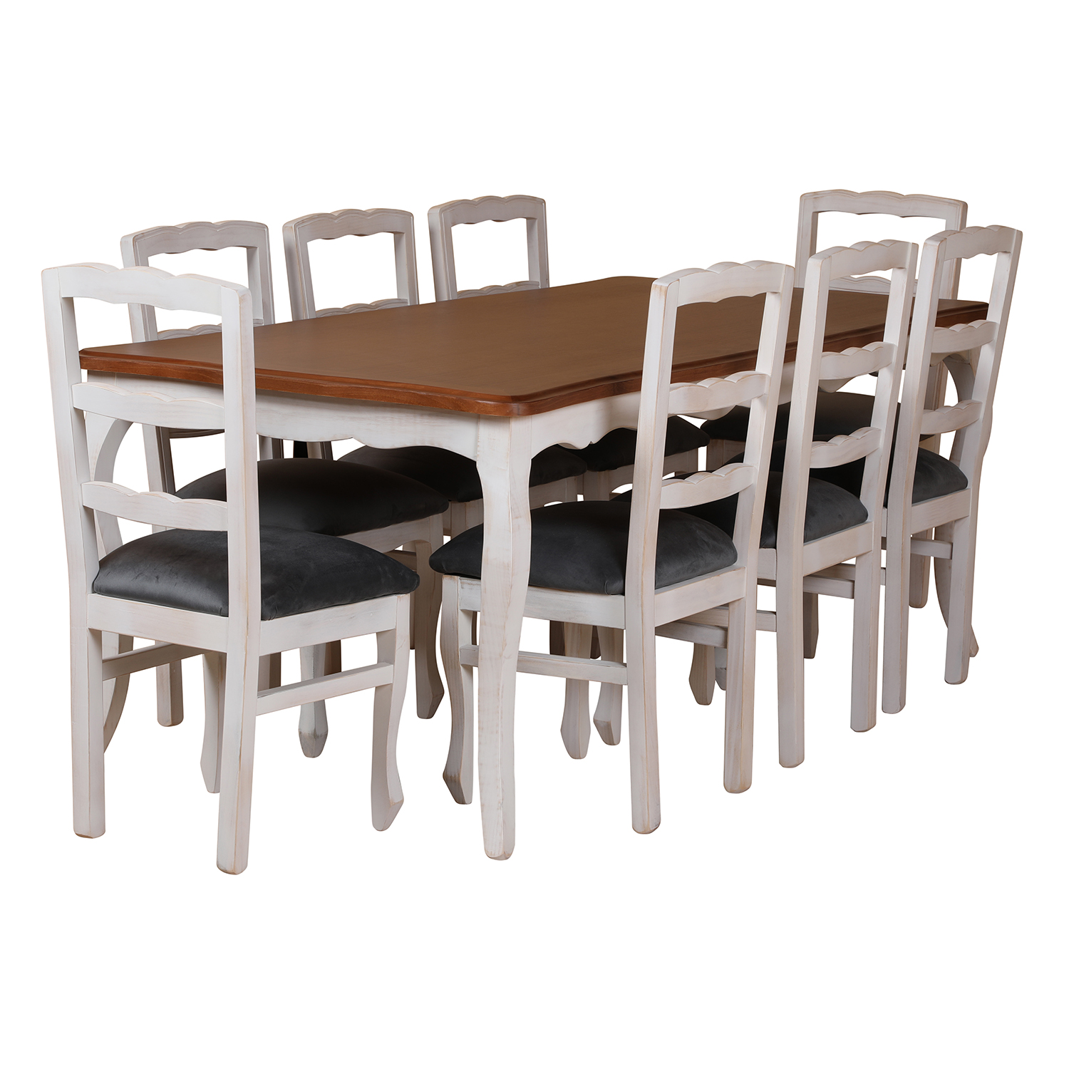 Comedor Normando 100×200 Cubierta Miel 8 sillas Tapiz Gris