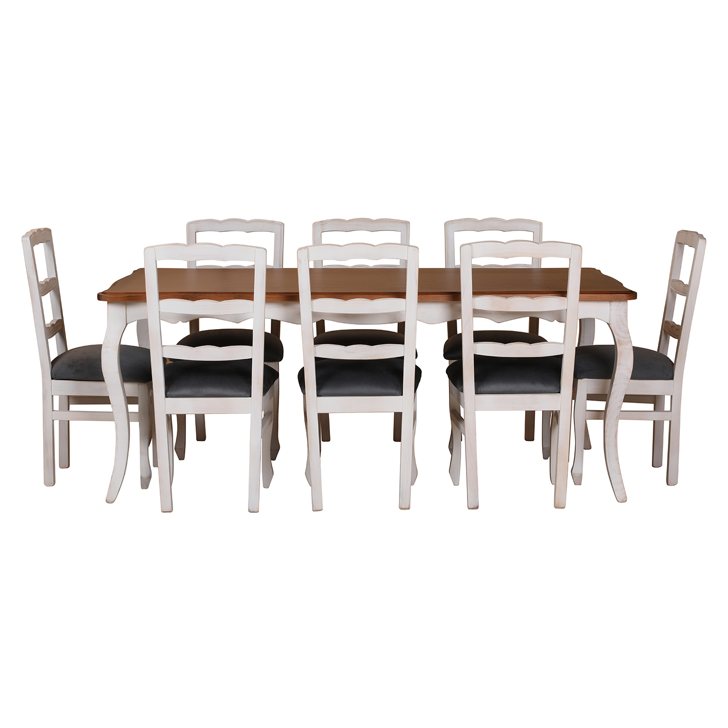 Comedor Normando 100×200 Cubierta Miel 8 sillas Tapiz Gris