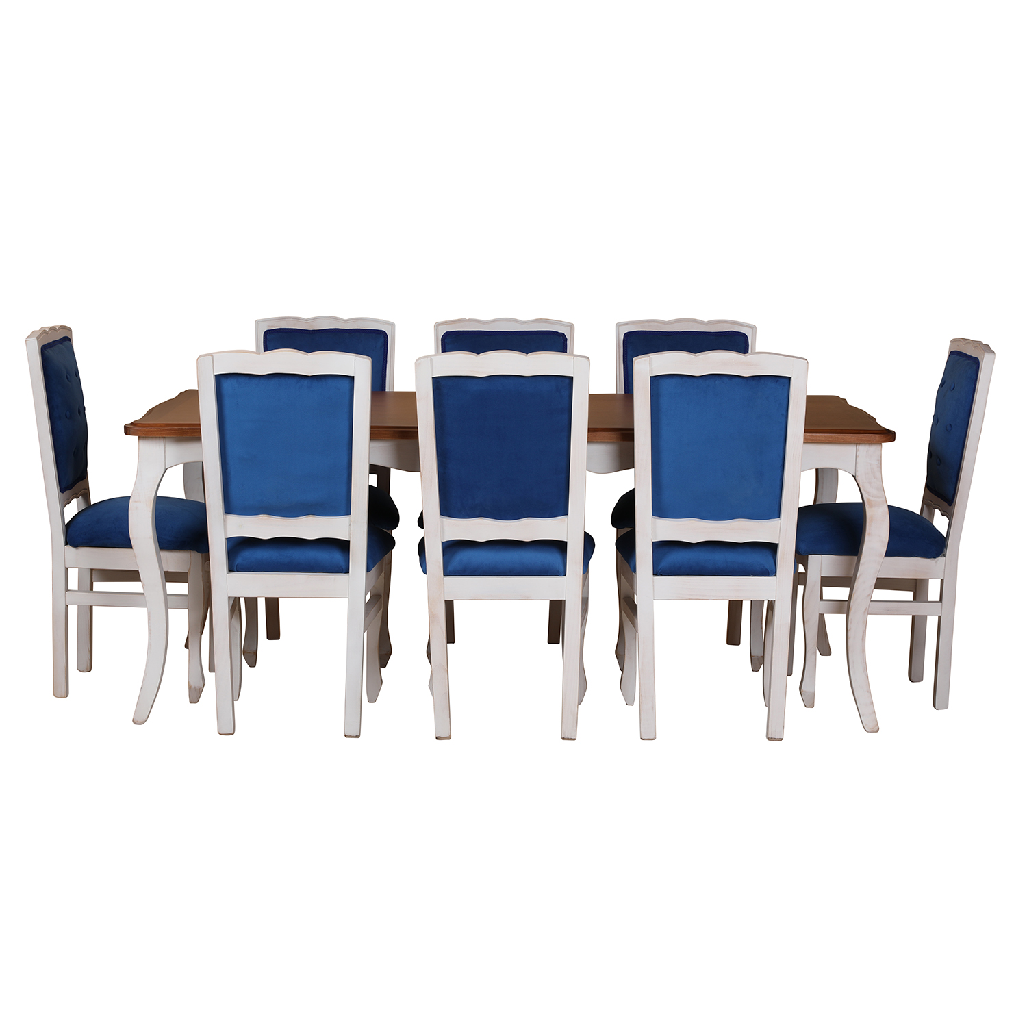 Comedor Normando 100×200 Cubierta Miel Respaldo Tapizado Azul