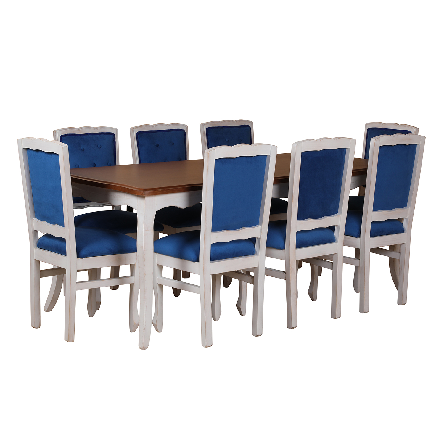 Comedor Normando 100×200 Cubierta Miel Respaldo Tapizado Azul