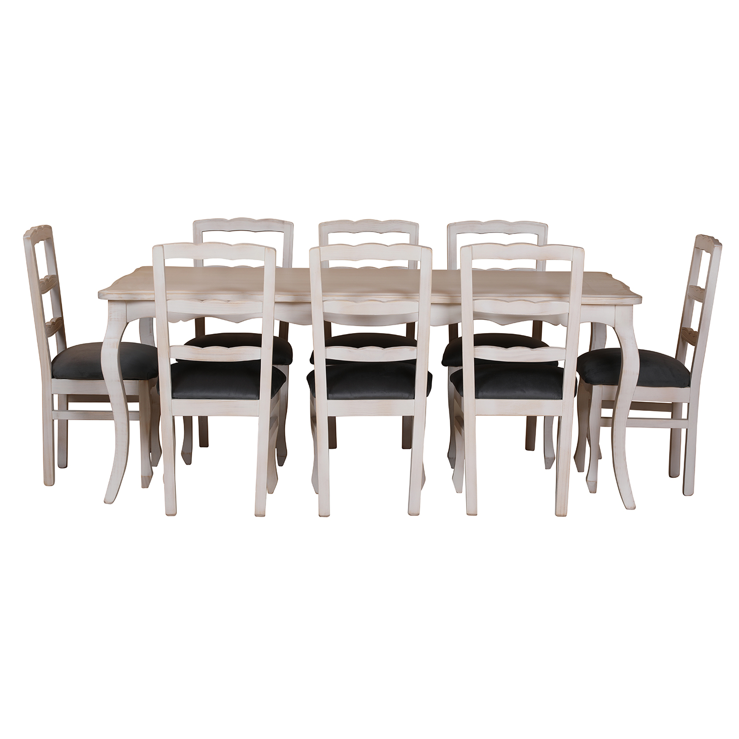 Comedor Normando 100×200 Blanco Envejecido 8 sillas Tapiz Gris