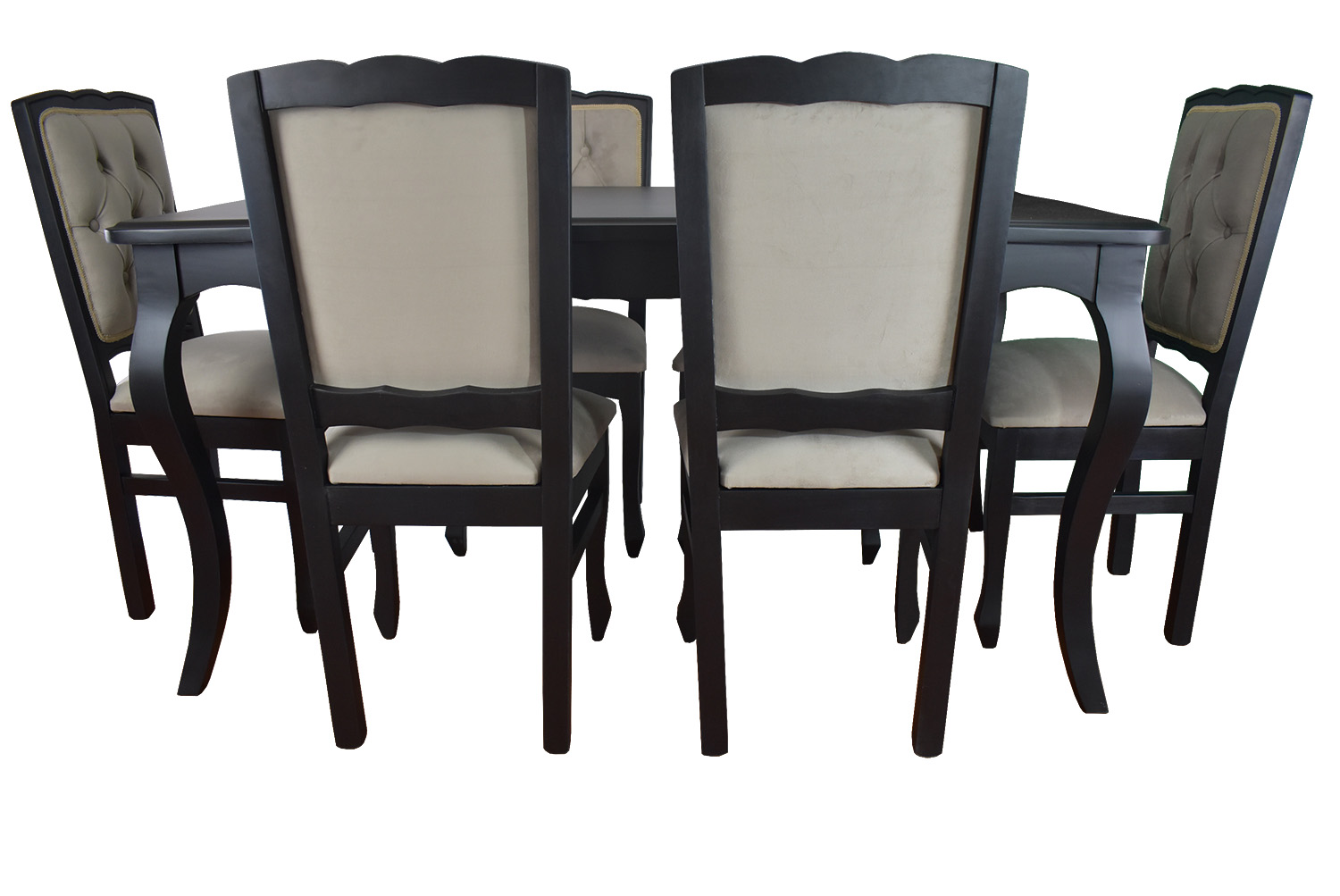 Comedor Normando 90×160 Negro 6 Sillas Respaldo Tapizado Beige