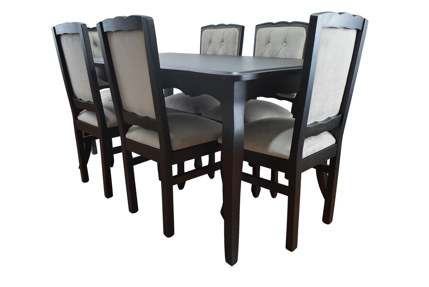 Comedor Normando 90×160 Negro 6 Sillas Respaldo Tapizado Beige