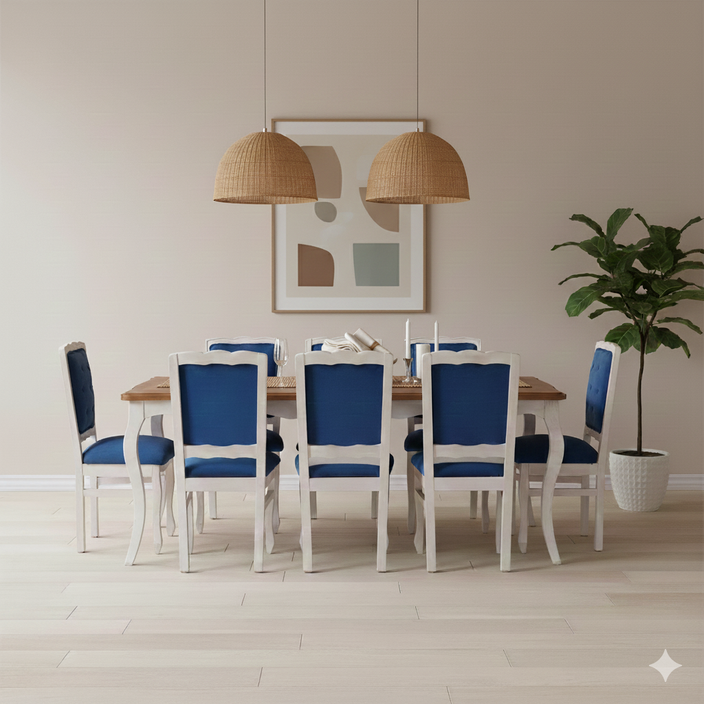 Comedor Normando 100×200 Cubierta Miel Respaldo Tapizado Azul