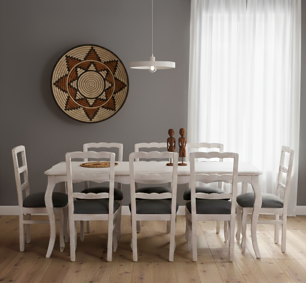 Comedor Normando 100×200 Blanco Envejecido 8 sillas Tapiz Gris
