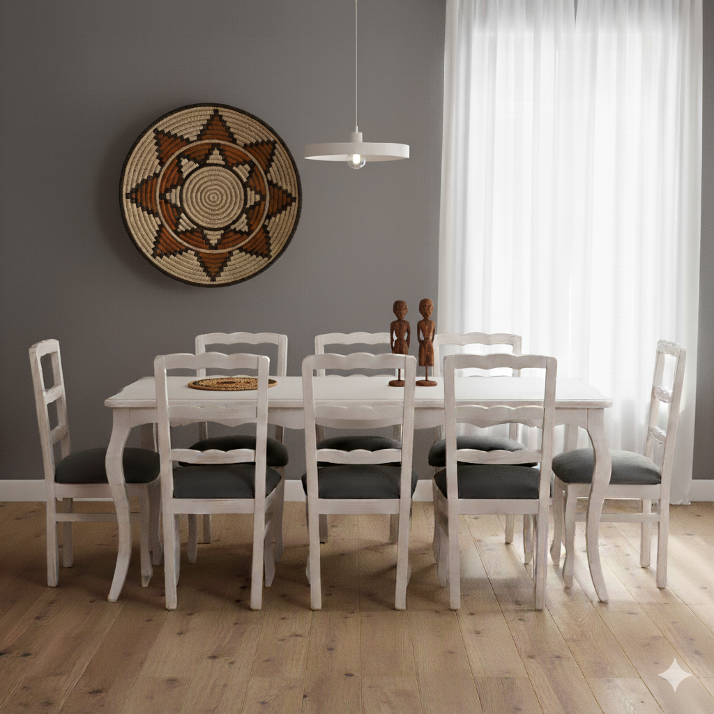 Comedor Normando 100×200 Blanco Envejecido 8 sillas Tapiz Gris