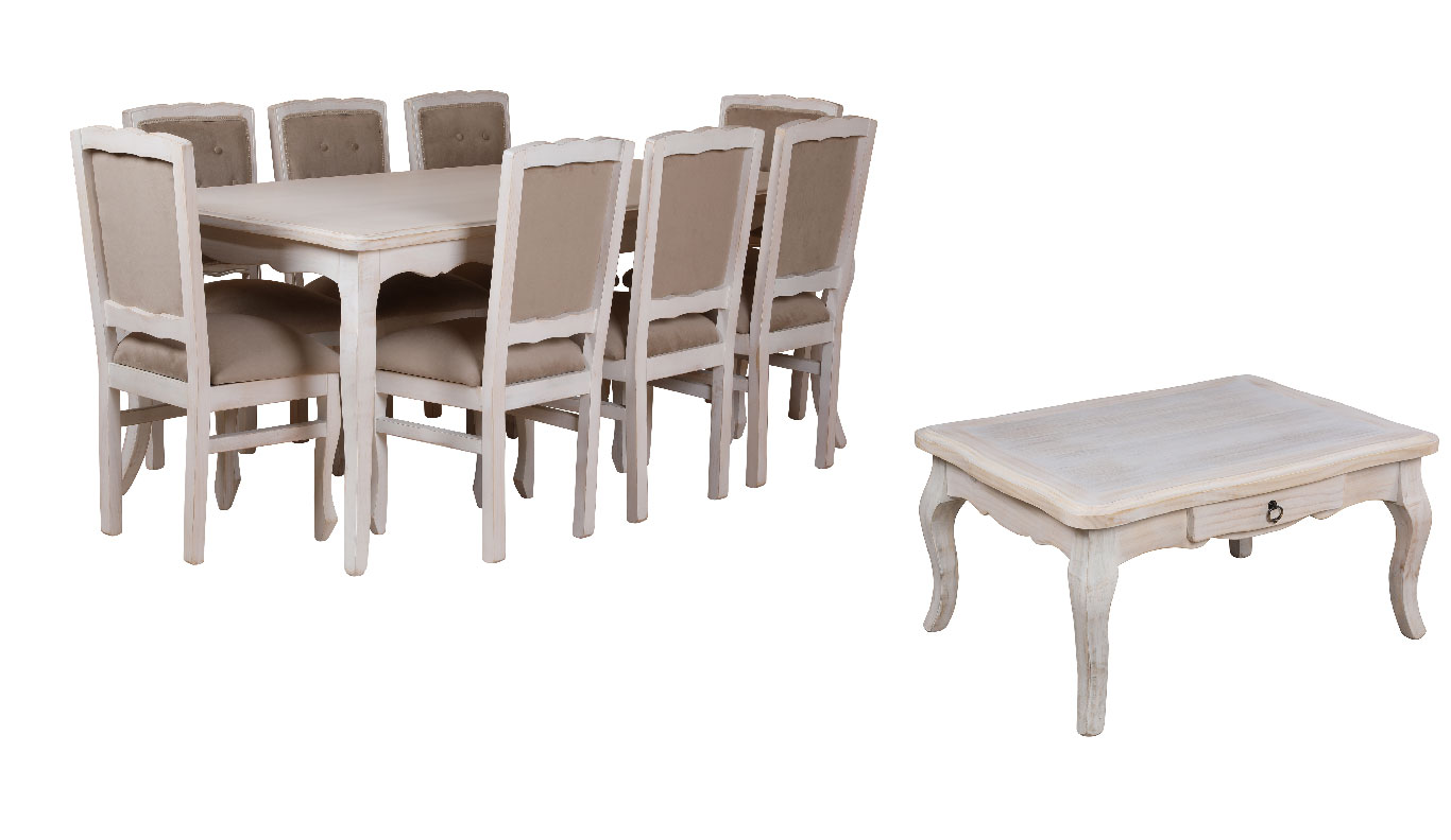 Combo Comedor Normando 100×200 Blanco Envejecido Respaldo Tapizado beige + Mesa de centro