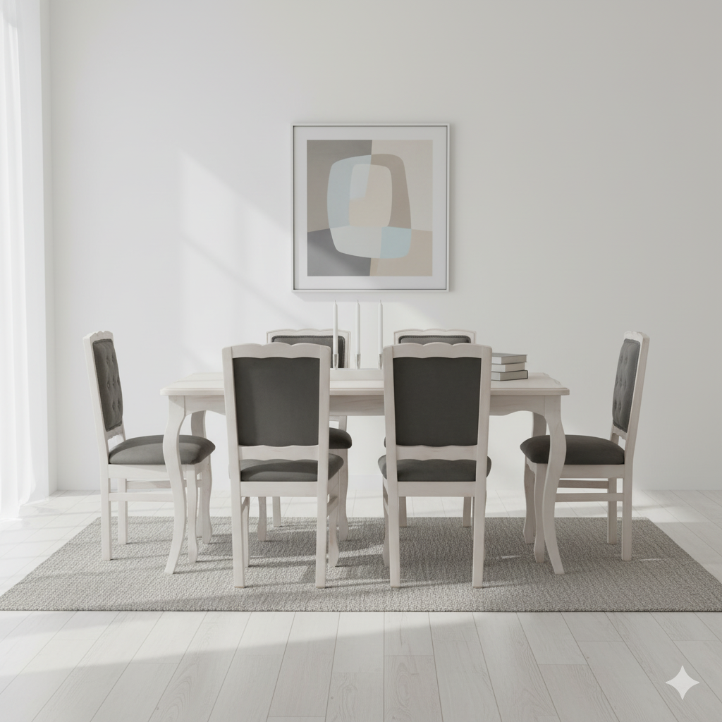 Comedor Normando 90×160 6 Sillas Respaldo Tapizado gris