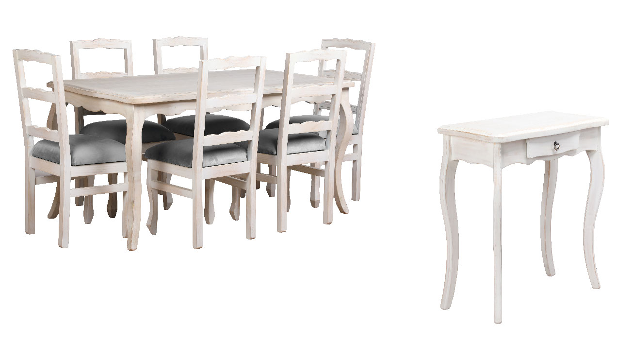 Comedor Normando 90×160 6 Sillas Tapizado gris + Mesa de Arrimo