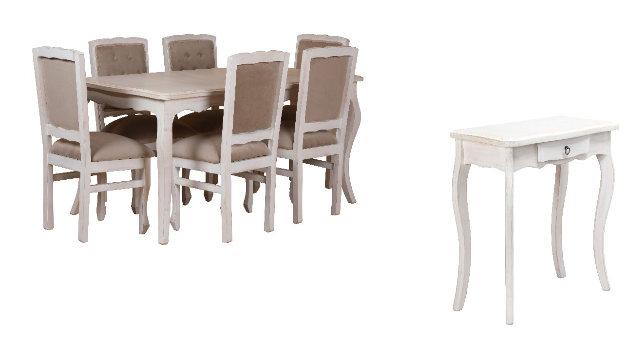 Comedor Normando 90×160 6 Sillas Respaldo Tapizado beige + Mesa de Arrimo