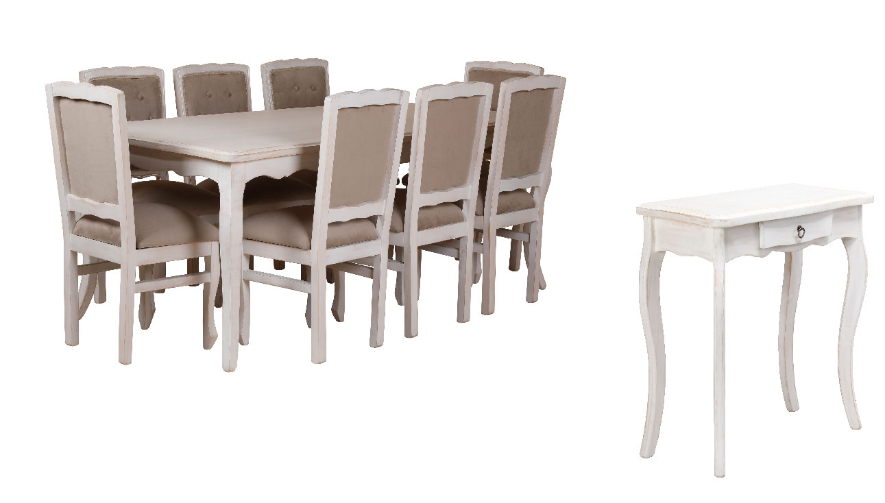 Combo Comedor Normando 100×200 8 Sillas Respaldo Tapizado beige + Mesa de arrimo