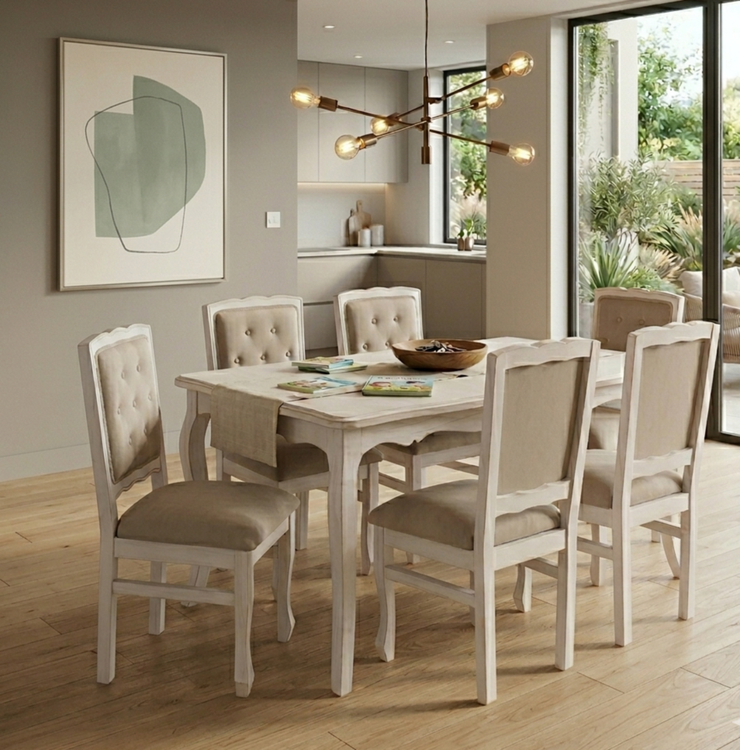Comedor 6 Sillas Normando 90X160 Respaldo Tapizado Beige